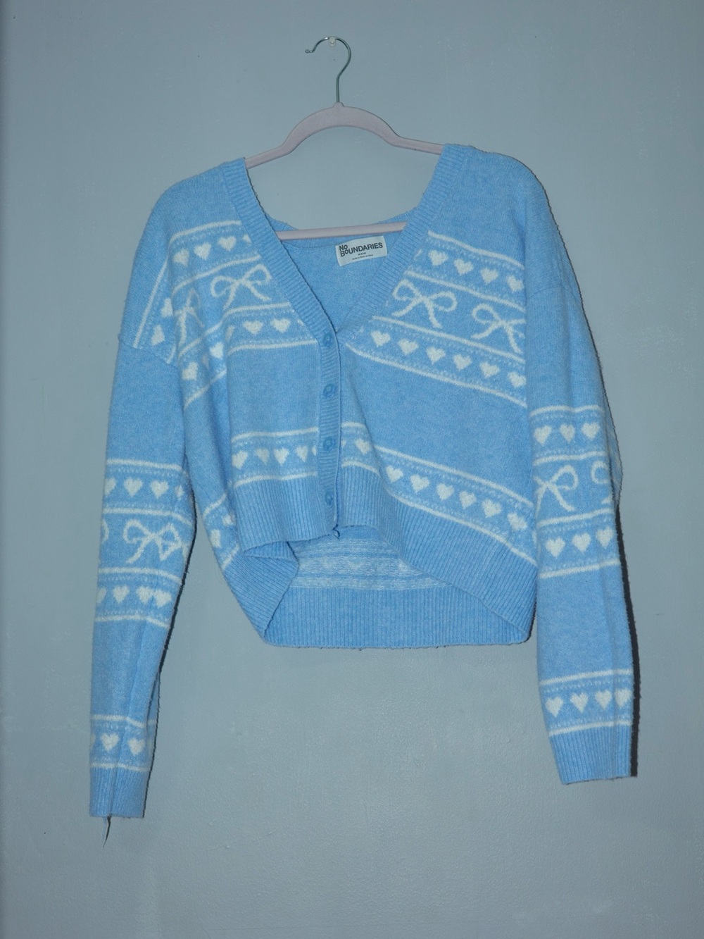 No Boundaries Sky Blue & White Heart Intarsia Cropped Cardigan